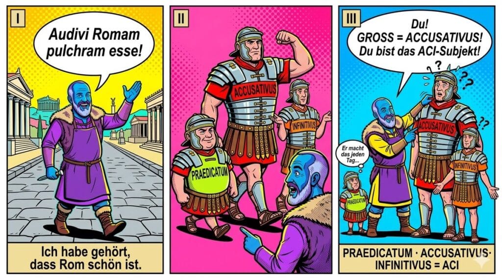 ACI Latin Explained: Auditiv Roman pulchram esse — Accusative subject and infinitive marked with arrows