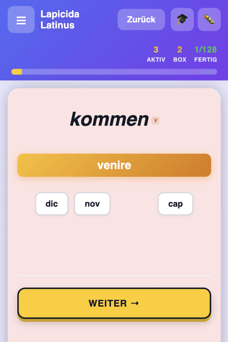 The vocabulary trainer in Lapicida Latinus