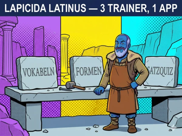 Lapicida Latinus – Comic-Illustration mit Steinmetz und drei Trainern Comicbild für Lapicida Latinus im Asterix-Stil: Lapicida-Steinmetz meißelt drei Tafeln mit Vokabeln, Formen und Satzquiz – Lapicida Latinus, die Latein-App mit drei Trainern