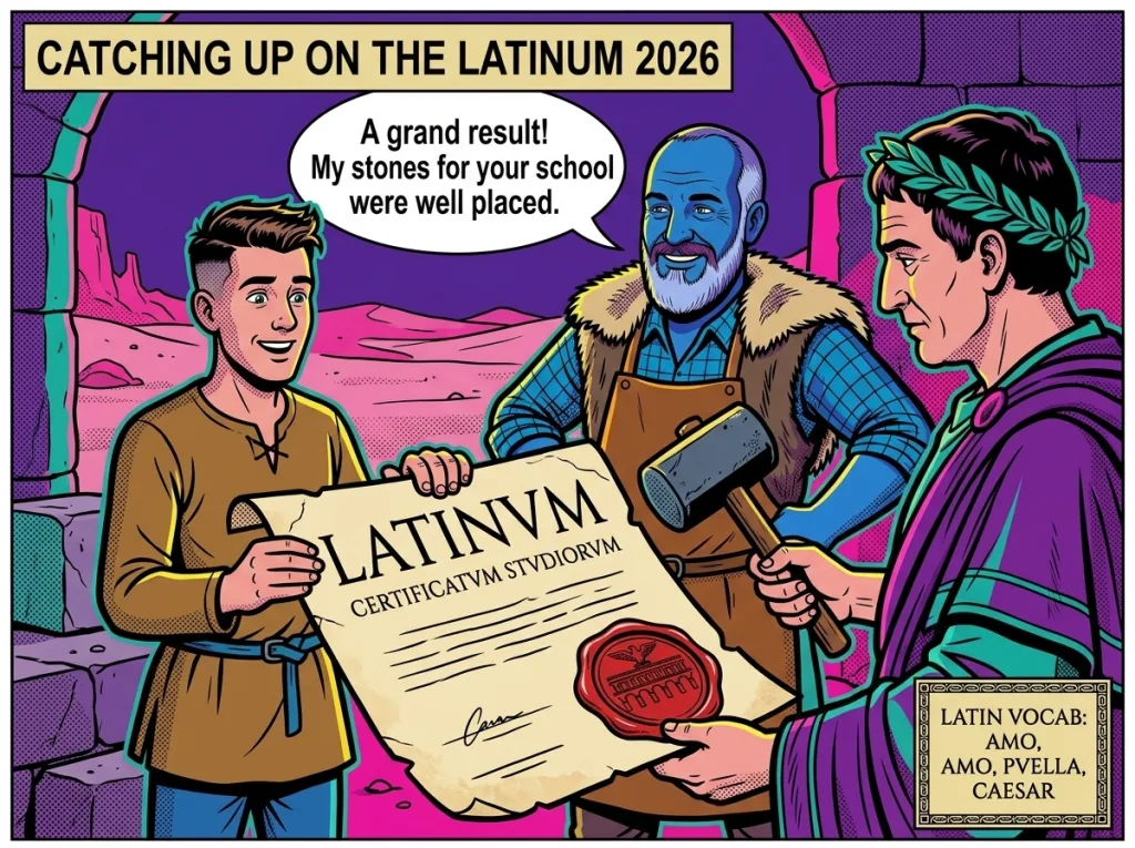 Comic-style illustration of earning a Latinum certificate, Asterix-style: A young adult stands in front of a giant Latinum certificate while a Roman official stamps it “PASSED”—earning a Latinum made easy