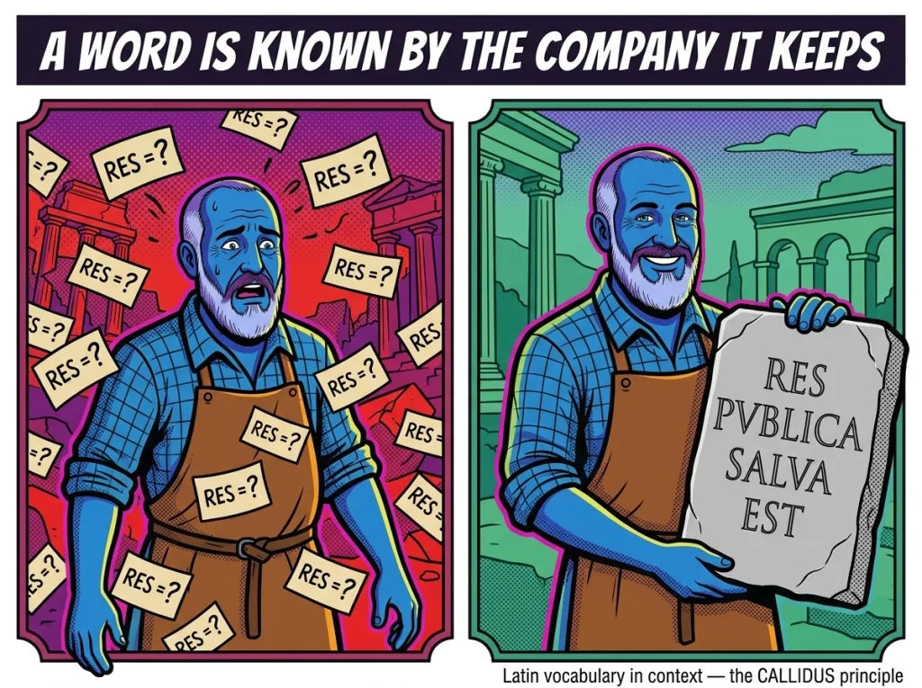 Comic: Context-based vocabulary learning using the Callidus principle. Left: res=?, right: res makes sense in the sentence.