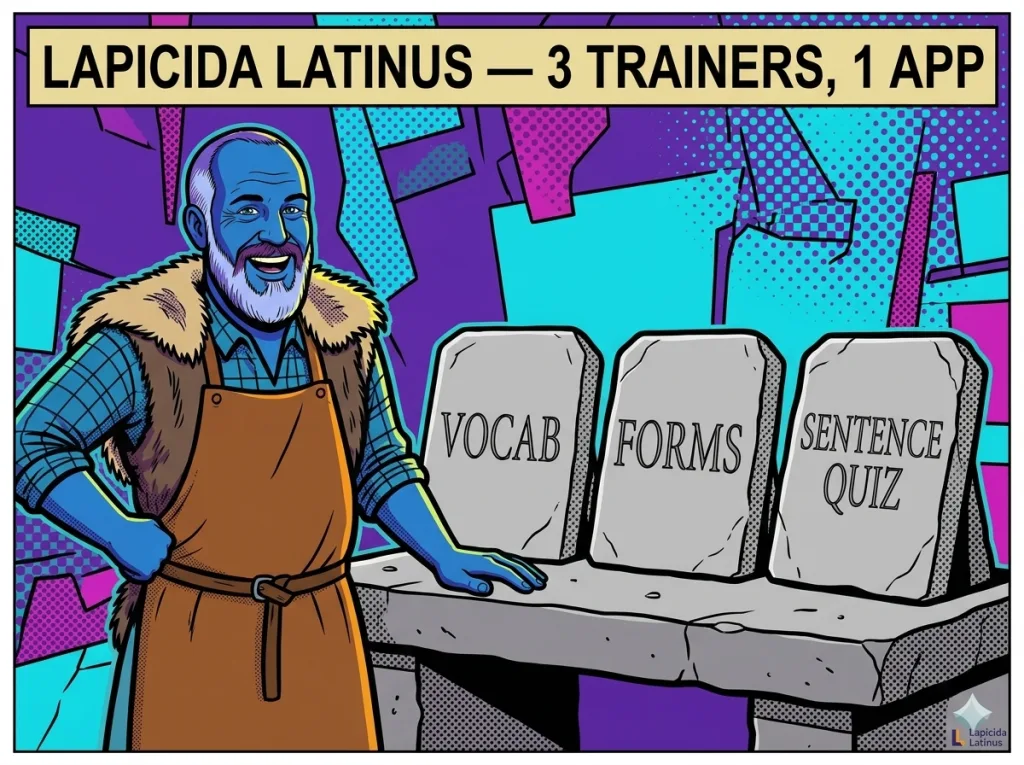 Asterix-style comic illustration for Lapicida Latinus: Lapicida the stonemason carves three slabs featuring vocabulary, grammar, and Satzquiz – Lapicida Latinus, the Latin app with three coaches