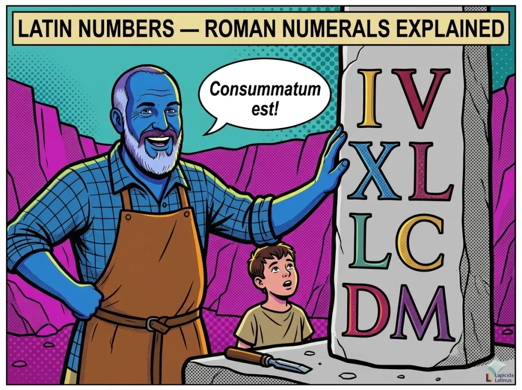 Explanation of Roman Numerals - A stonemason carves the Roman numerals I, V, X, L, C, D, and M onto a stone pillar