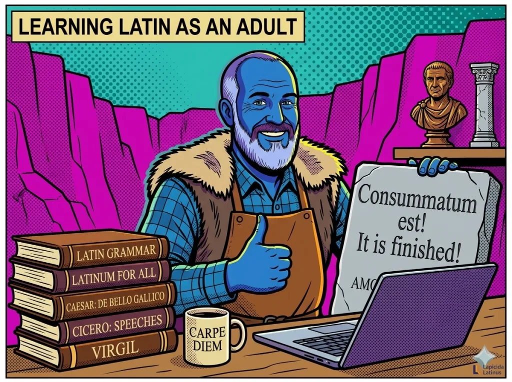 Learning Latin as an Adult – Comic Illustration Featuring a Desk and Grammar Books Asterix-style comic illustration for learning Latin as an adult: An adult sits at a desk with Latin textbooks, a coffee mug, and a laptop, giving a thumbs-up—learning Latin as an adult is doable