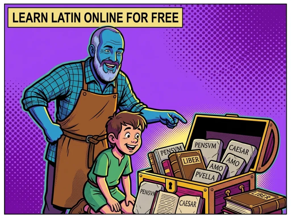 Free online comic-style illustration for learning Latin in the Asterix style: A person opens a glowing treasure chest containing free learning materials—a tablet, the Perseus Scroll, and a book—with a locked chest next to it representing premium content. An overview of learning Latin for free