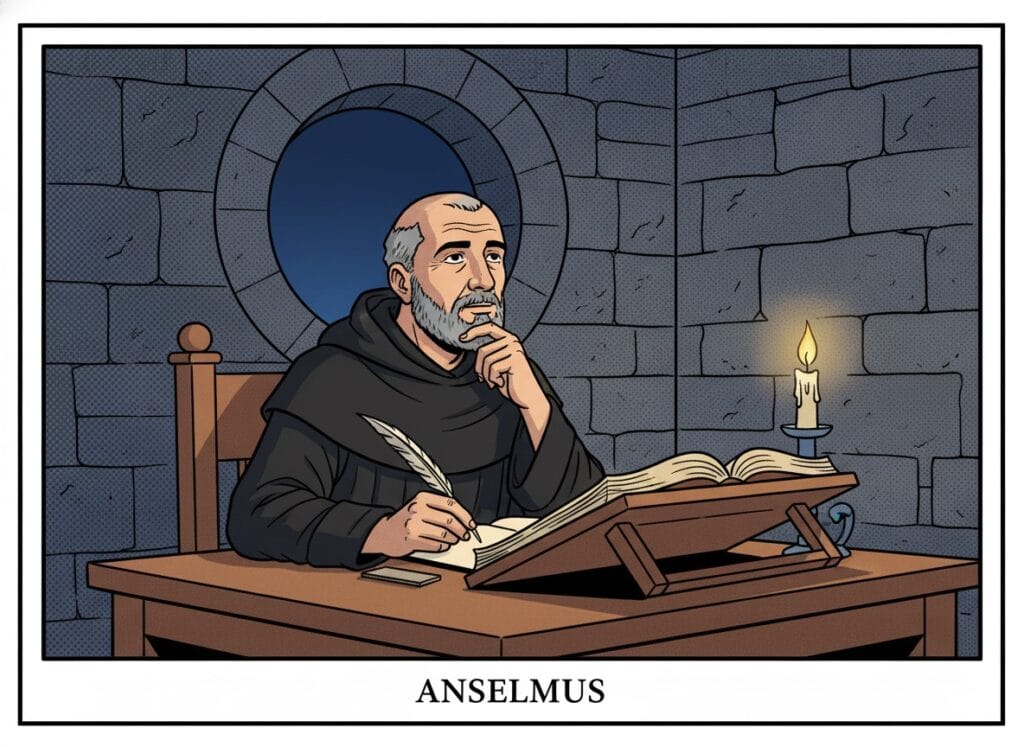 Anselm of Canterbury as a Benedictine monk at his writing desk in the scriptorium — comic pop-art style