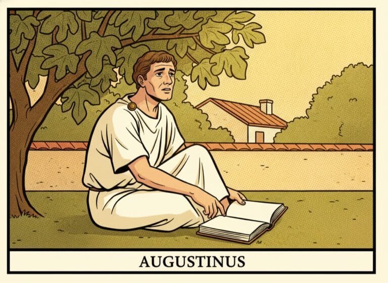 Augustinus bei seiner Bekehrung im Garten von Mailand unter dem Feigenbaum, greift zum aufgeschlagenen Codex — Comic-Popart-Stil