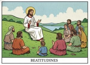 Die Bergpredigt: Jesus lehrt die Seligpreisungen einer Menge auf einem grünen Hügel — Comic-Popart-Stil
