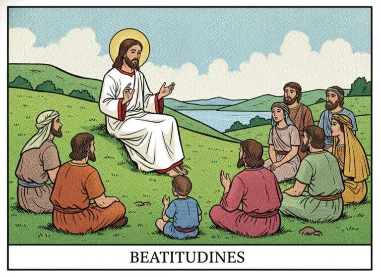 Die Bergpredigt: Jesus lehrt die Seligpreisungen einer Menge auf einem grünen Hügel — Comic-Popart-Stil