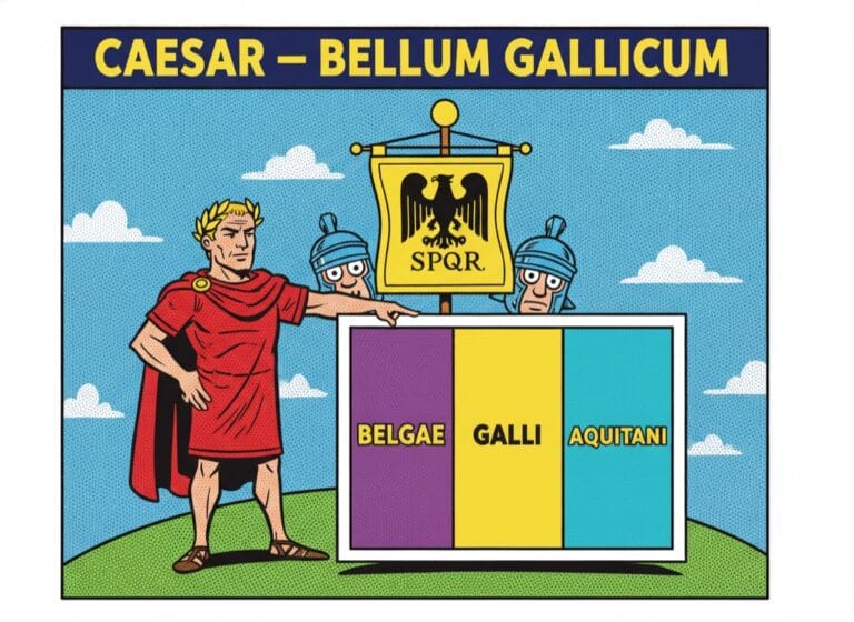 Caesar zeigt auf die Karte Galliens, geteilt in drei Teile — Bellum Gallicum, Comic-Popart