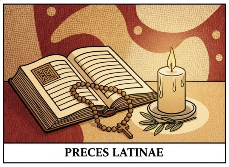 Catholic Prayers in Latin — Text, Translation & Pronunciation 8 Aufgeschlagenes lateinisches Gebetbuch mit Rosenkranz, Kerze und Olivenzweig — katholische Gebete auf Latein, Comic-Popart-Stil