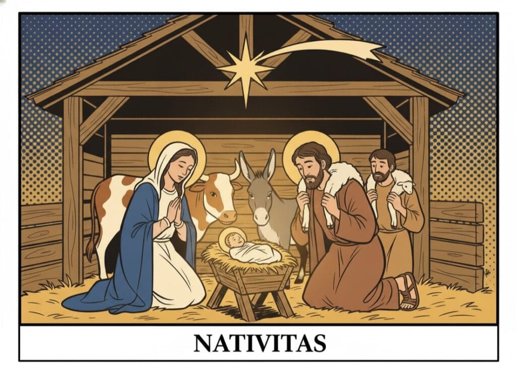 The Christmas Story in Latin — Luke 2 The Nativity at the manger with the star of Bethlehem