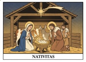 Die Geburt Christi: Maria und Josef an der Krippe mit dem Jesuskind, Ochs, Esel und dem Stern von Betlehem — Comic-Popart-Stil