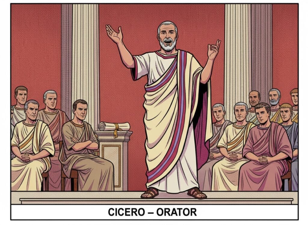 Learn Cicero — from simplified text to the original Cicero delivering a speech as an orator in the Roman Senate — comic pop-art style