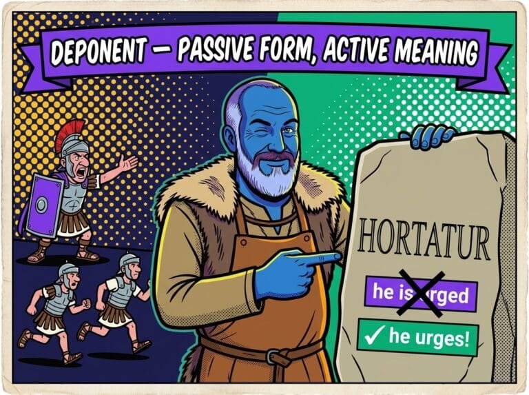 Latin deponent verb – passive form, active meaning (hortatur = he urges)