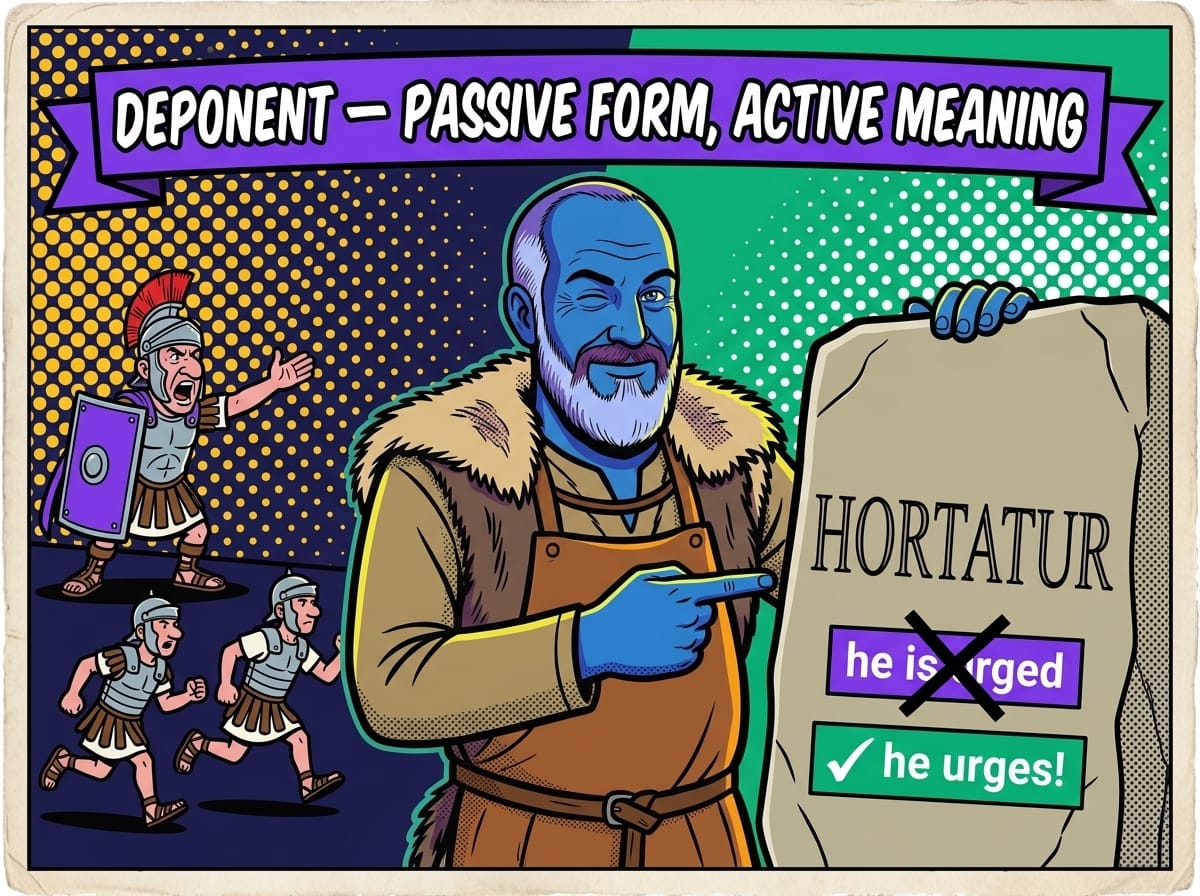 Latin deponent verbs – hortatur looks passive but means the active he urges, explained by the Lapicida stonemason