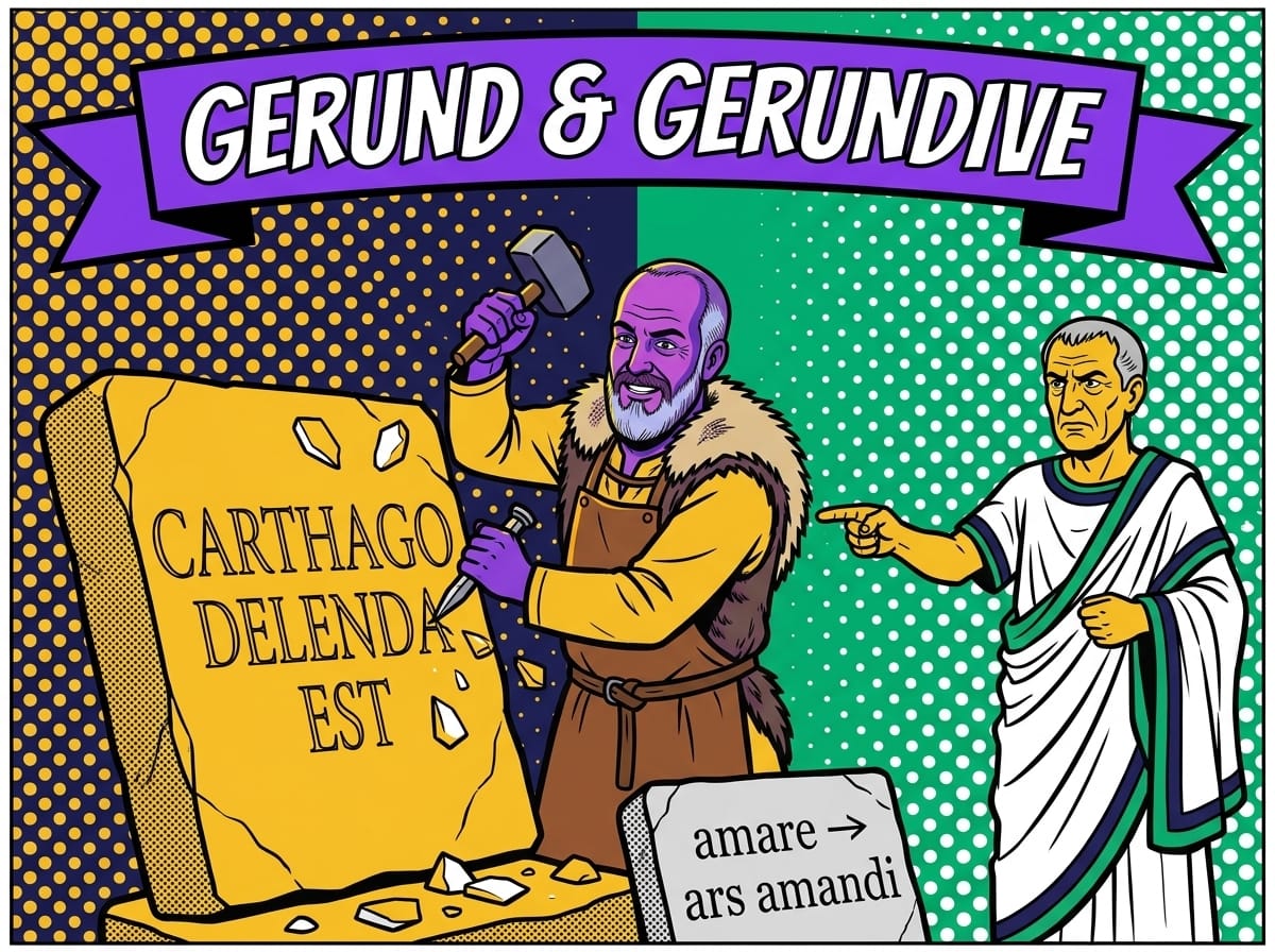 The Latin gerund and gerundive – amandi (of loving) and Carthago delenda est, explained by the Lapicida stonemason