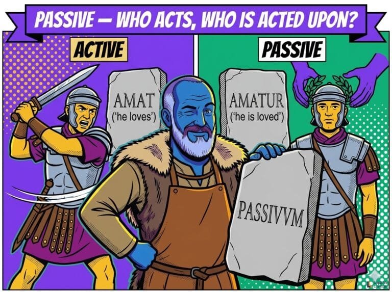 Latin Passive Voice — Formation, Translation and Deponents Explained 9 Latin passive voice – active AMAT vs passive AMATUR, explained by the Lapicida stonemason