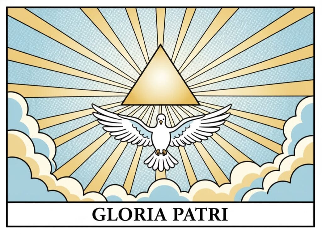 Trinity triangle with rays and the dove of the Holy Spirit — Gloria Patri, comic pop-art style