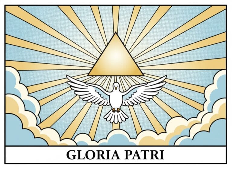 Dreifaltigkeits-Dreieck mit goldenen Strahlen und Heilig-Geist-Taube — Gloria Patri, Comic-Popart-Stil