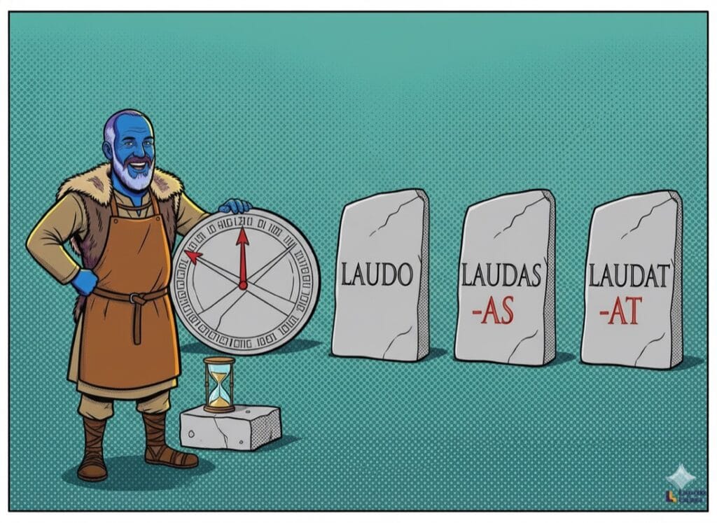 Latin conjugation tool: laudo, laudas, laudat on three stone tablets