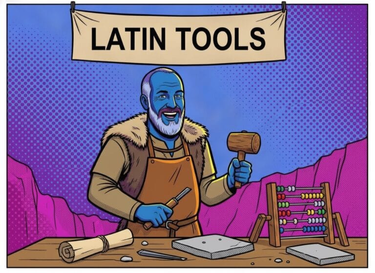 Latin tools: the stonemason in his workshop with chisel, scroll and abacus