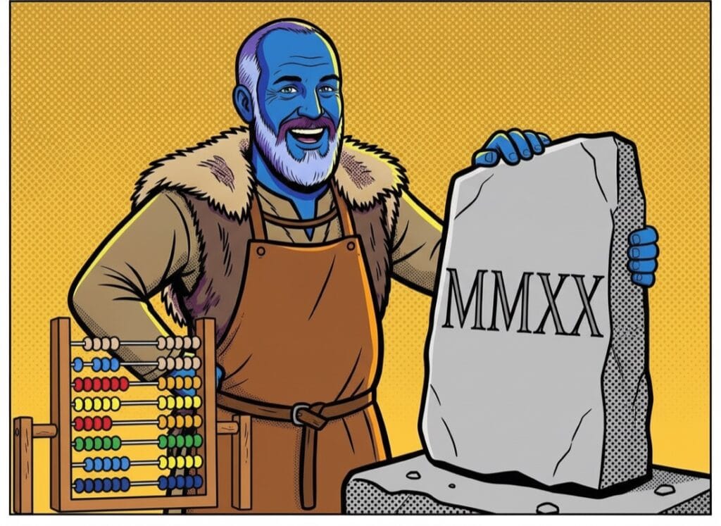 Roman numeral converter: a milestone showing MMXX and an abacus