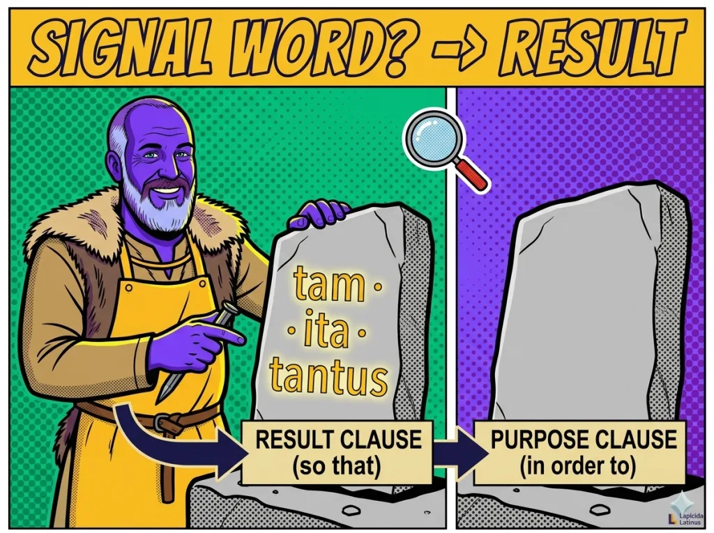 Comic in Asterix style: the Lapicida stone mason shows signal words tam, ita, tantus for the result clause versus the purpose clause – Latin subjunctive subordinate clause