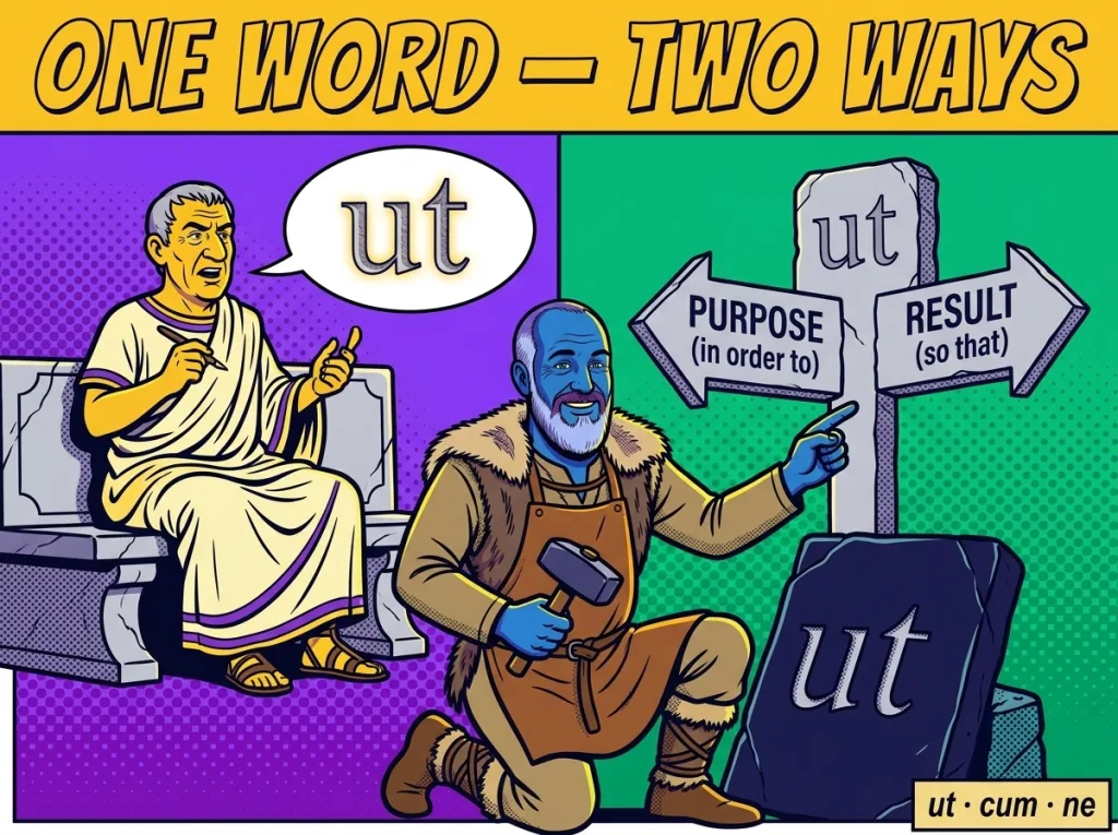 Comic in Asterix style: the Lapicida stone mason shows how ut splits into purpose (in order to) and result (so that) – Latin subjunctive subordinate clause