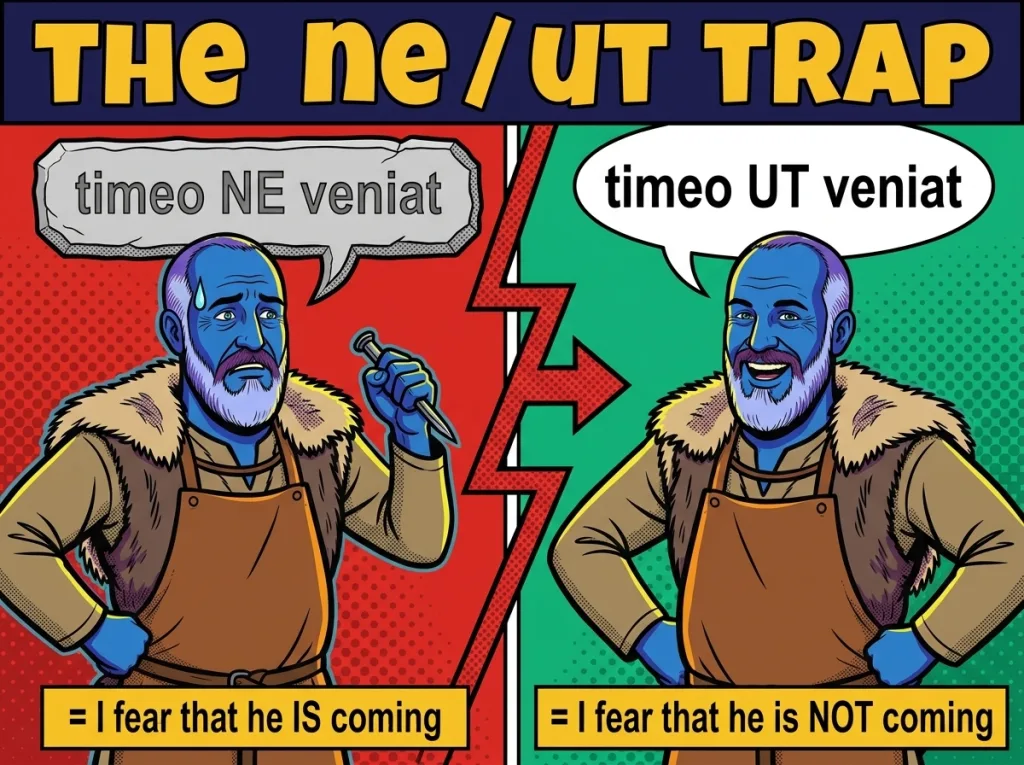 Comic in Asterix style: the timeo ne trap, timeo ne means that, timeo ut means that not – Latin subjunctive subordinate clause