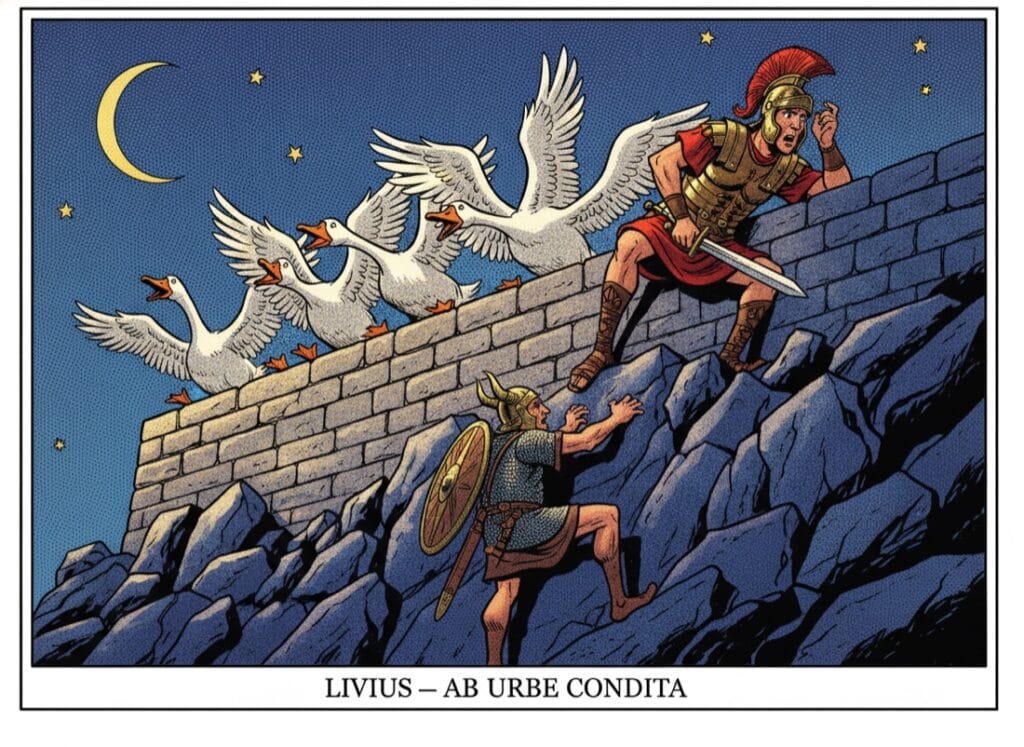 The Capitoline geese wake the guard — Livy, comic pop-art style