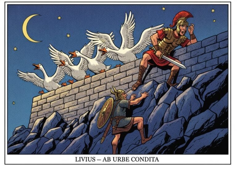 Livy in Latin — Read & Translate Ab urbe condita 7 Die kapitolinischen Gänse wecken den Wächter, während Gallier die Burg erklimmen — Livius, Comic-Popart-Stil
