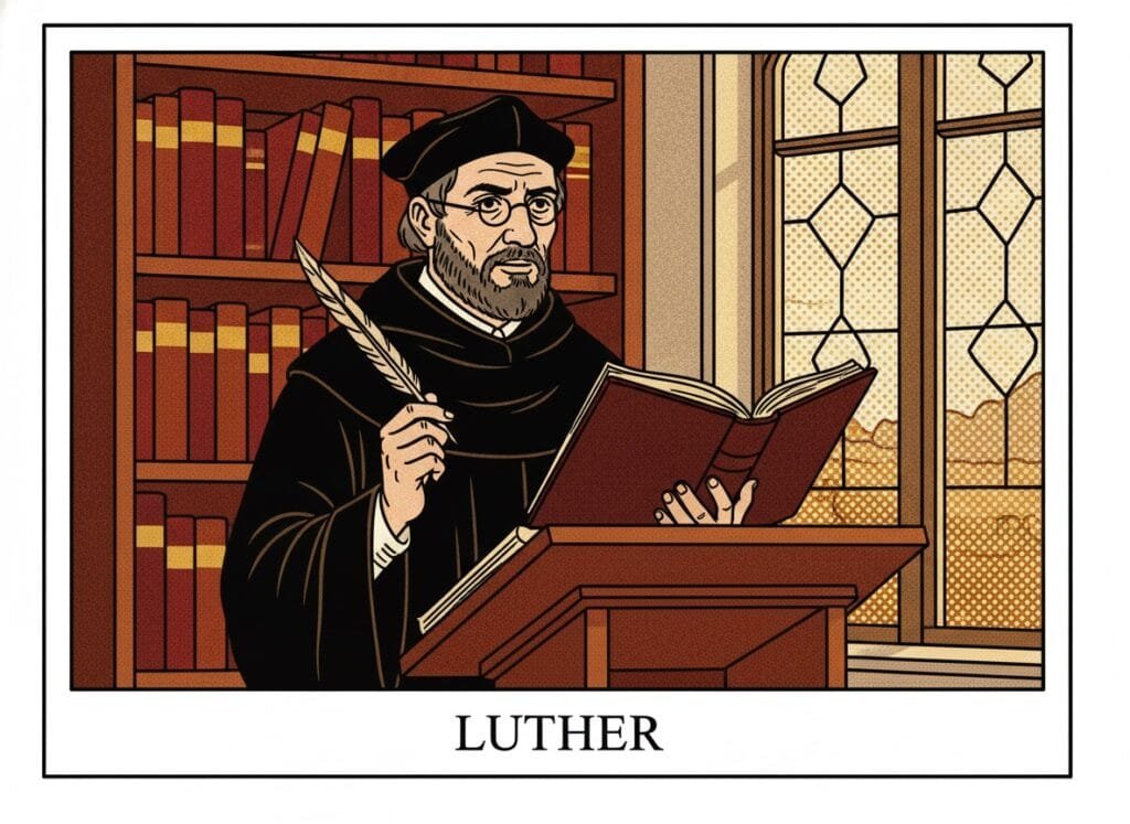 Martin Luther als Gelehrter am Lesepult mit Feder und lateinischem Buch, Bücherregal und Bleiglasfenster — Comic-Popart-Stil