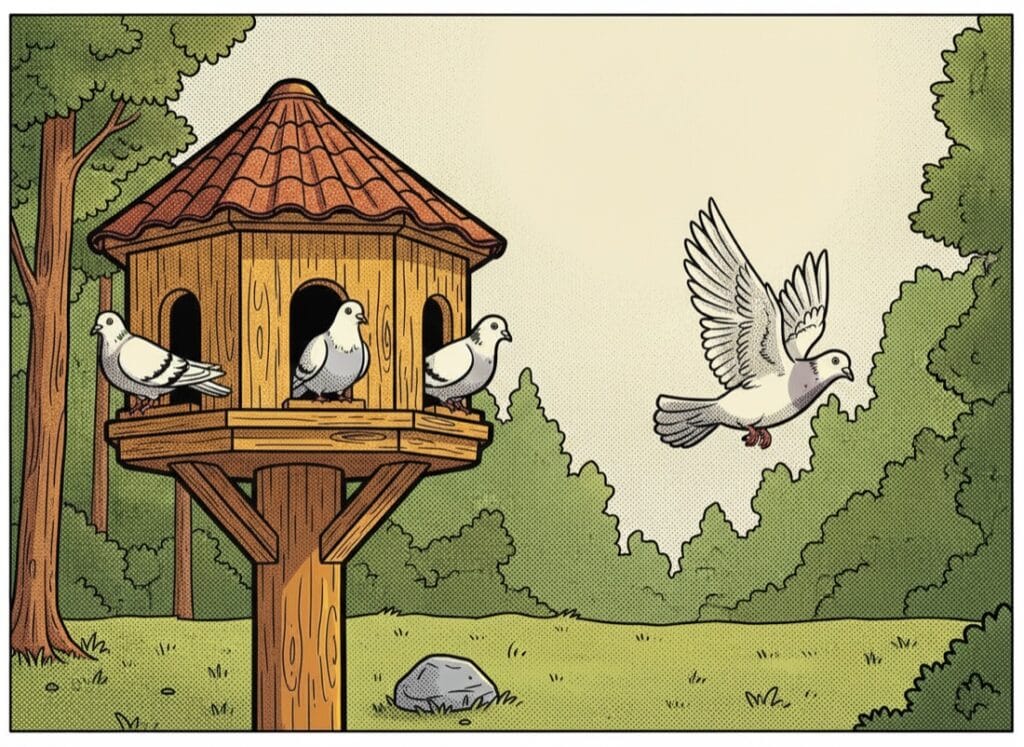 Hilda's dovecote in comic pop-art style: doves carry the post home