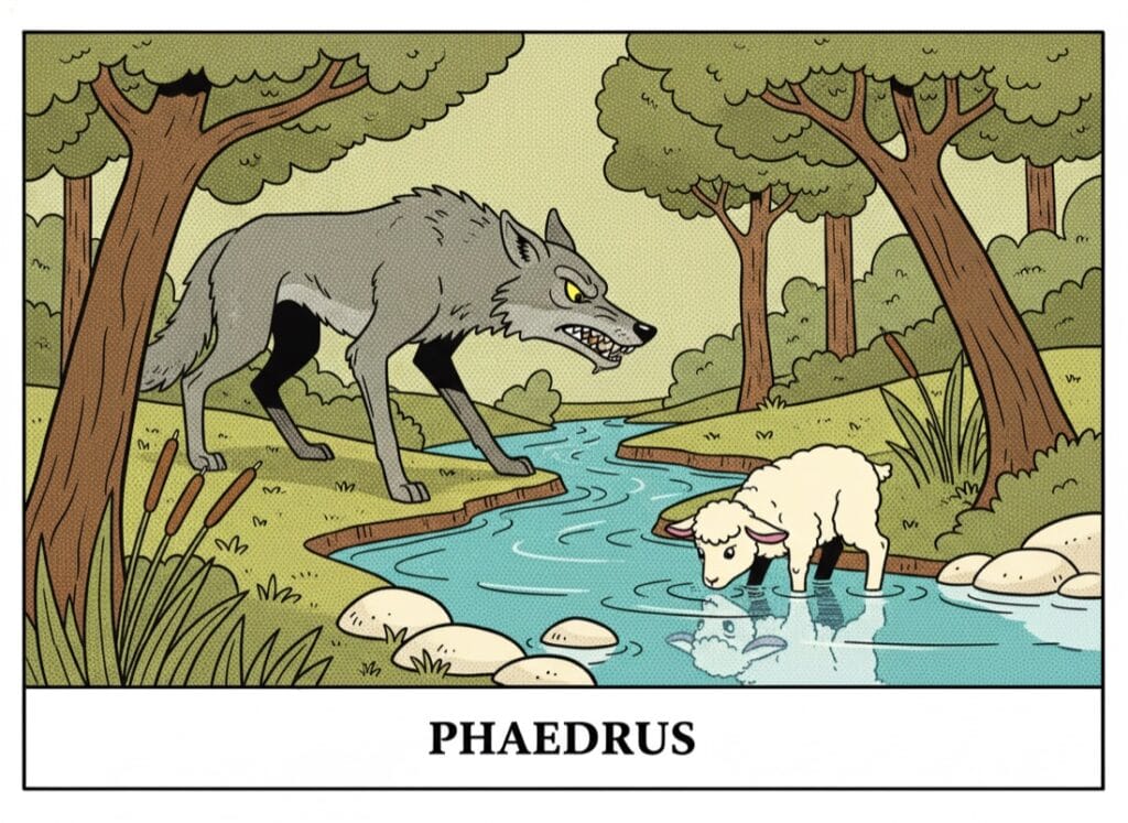 Learn Phaedrus — from prose to verse The wolf and the lamb at the brook — Phaedrus, comic pop-art style