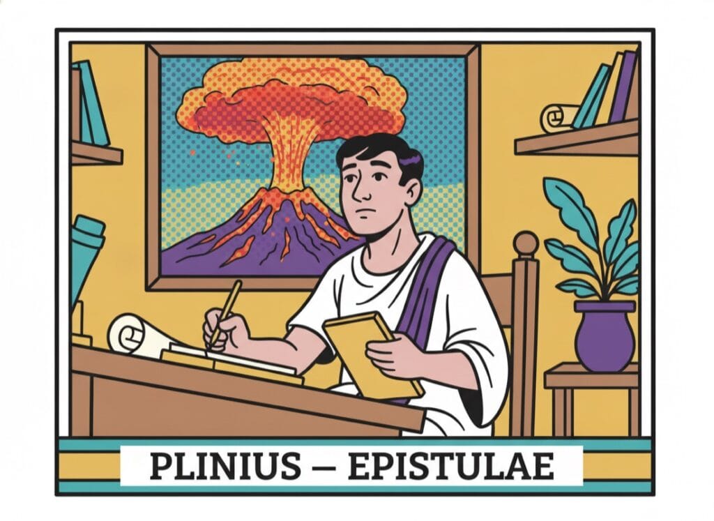 Pliny at his writing desk with Vesuvius erupting behind — Epistulae in comic pop-art style