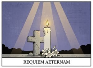 Brennende Kerze vor einem Steinkreuz mit Lichtstrahlen und Lilien — Requiem aeternam, Comic-Popart-Stil