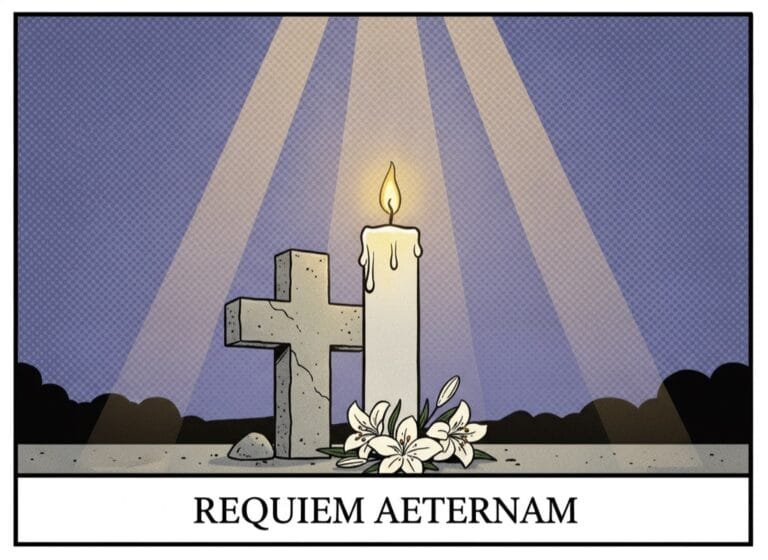Requiem Aeternam in Latin — Text, Translation & Meaning 5 Brennende Kerze vor einem Steinkreuz mit Lichtstrahlen und Lilien — Requiem aeternam, Comic-Popart-Stil