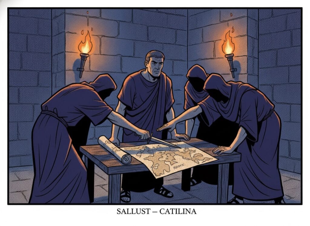 Learn Sallust — from simplified text to the original The Catilinarian conspiracy by night — Sallust, comic pop-art style
