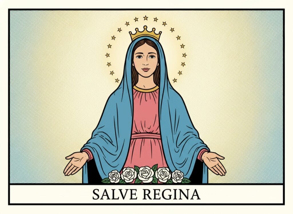 Mary as Queen of Heaven with crown and halo of stars — Salve Regina, comic pop-art style