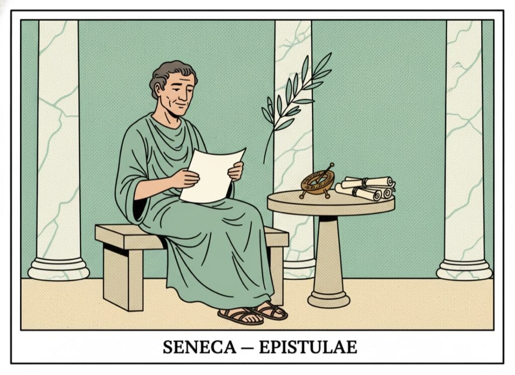 Learn Seneca — from simplified text to the original Seneca as a Stoic philosopher in a colonnade with scroll and sundial — comic pop-art style