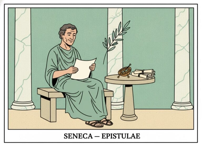 Seneca als stoischer Philosoph in der Säulenhalle mit Schriftrolle und Sonnenuhr — Comic-Popart-Stil