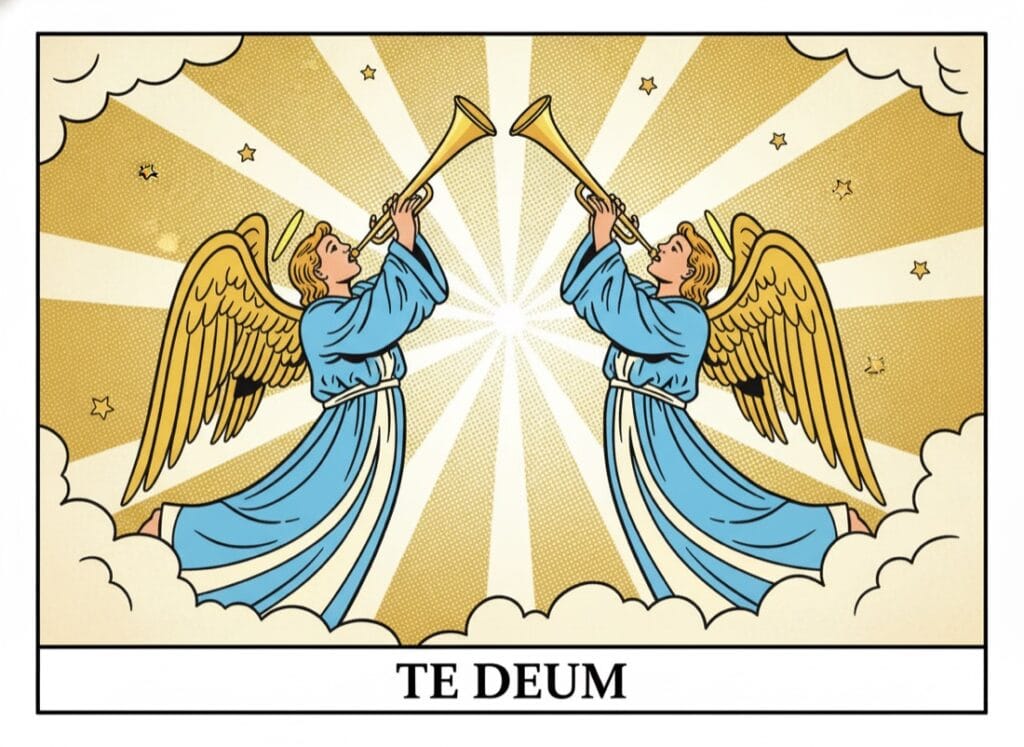 Te Deum in Latin — the hymn of praise Two angels with trumpets praising God — Te Deum