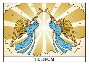 Zwei Engel mit goldenen Posaunen loben Gott — Te Deum, Comic-Popart-Stil