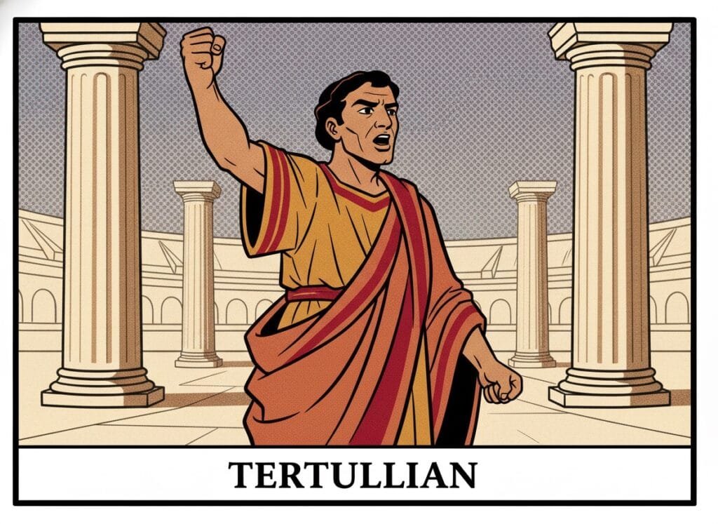 Tertullian als christlicher Redner in der Toga verteidigt die Christen vor römischen Säulen und Arena — Comic-Popart-Stil
