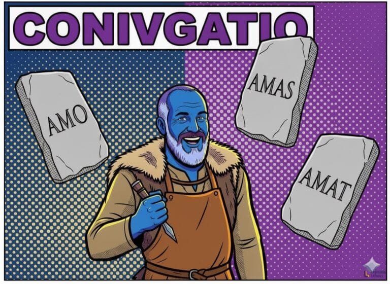 Latin conjugation chart with amo, amas, amat — the Lapicida stonemason