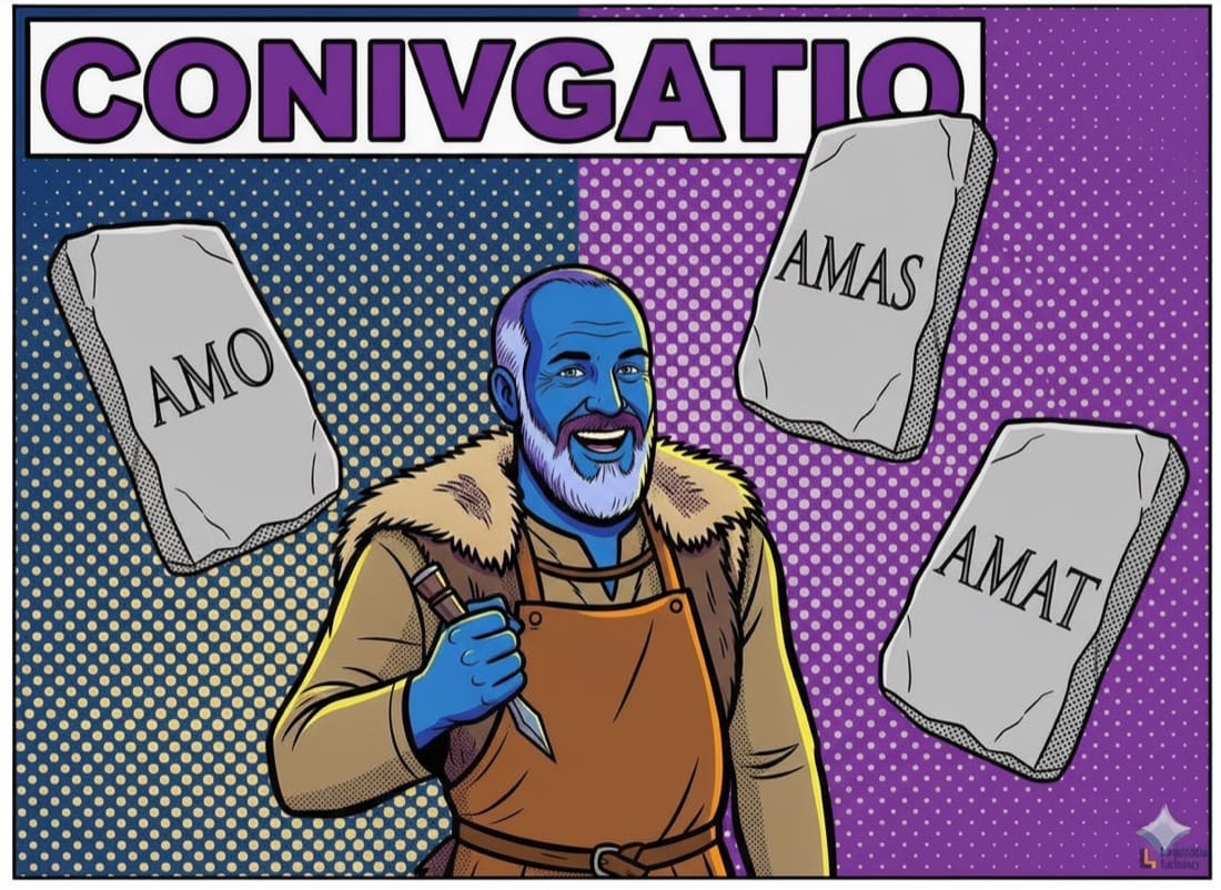 Latin conjugation chart with amo, amas, amat — the Lapicida stonemason