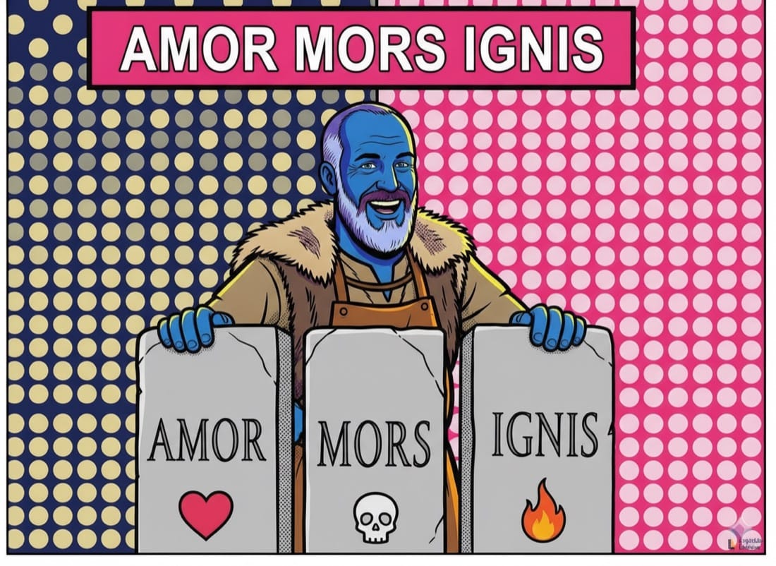Latin words for love, death and fire: amor, mors, ignis