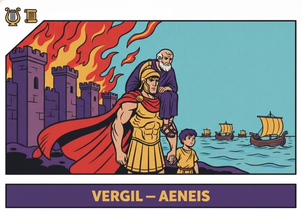 Virgil's Aeneid — from adapted text to the original Aeneas carrying his father Anchises out of burning Troy toward the ships — Virgil's Aeneid in comic pop-art style