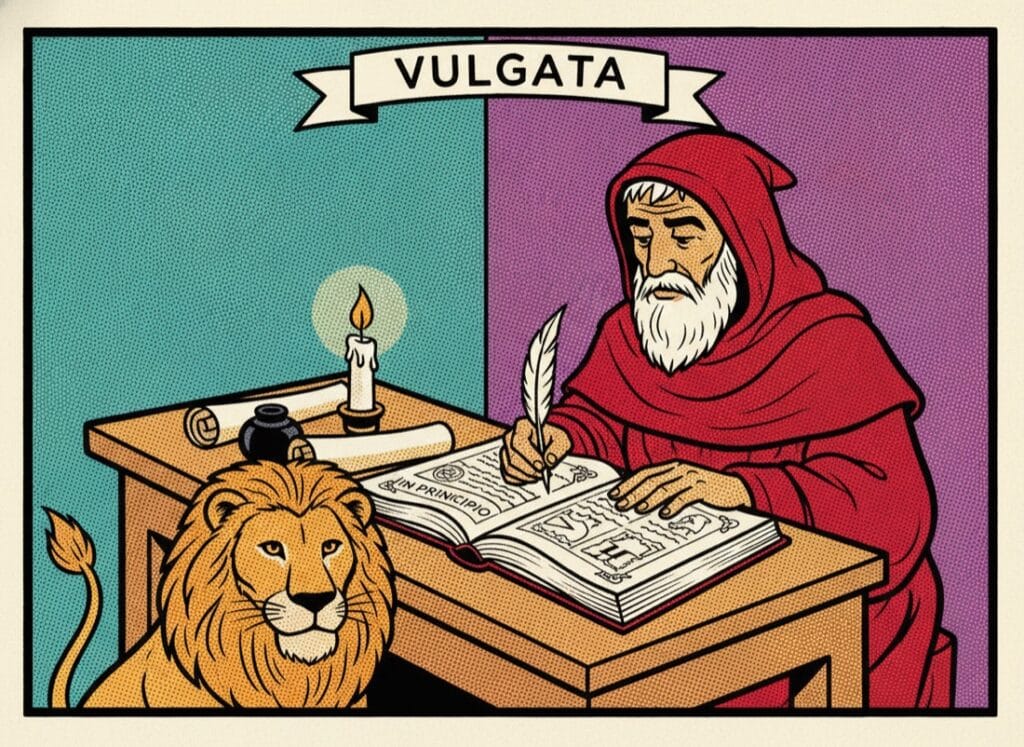 The Vulgate — read the Latin Bible from simplified text to the original Jerome writing the Vulgate into an open codex, a lion at his side — comic pop-art style